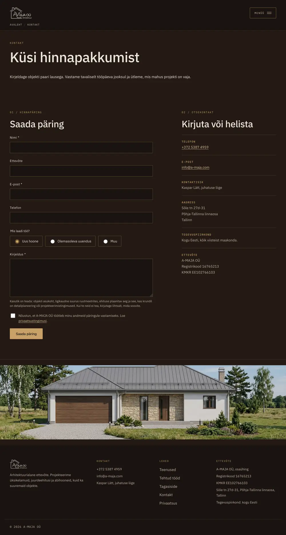 Arhitektuuribüroo kontaktileht koos hinnapäringu vormiga